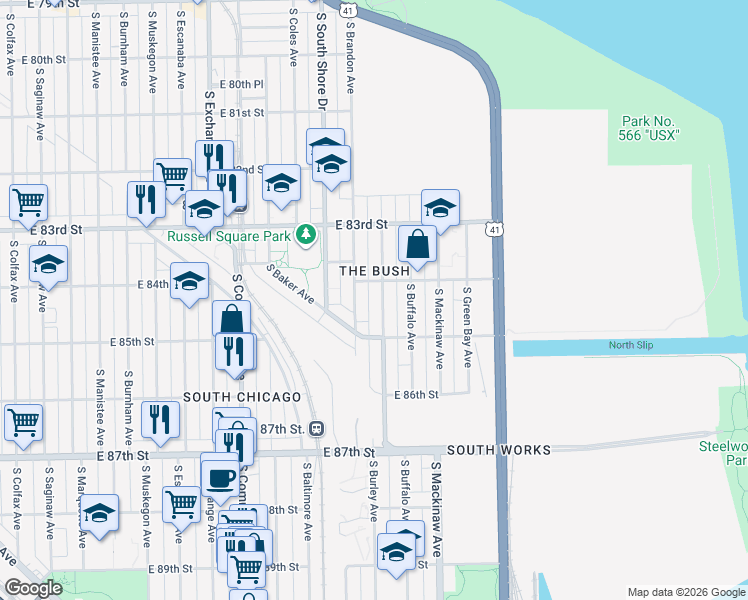 map of restaurants, bars, coffee shops, grocery stores, and more near 8427 South Brandon Avenue in Chicago