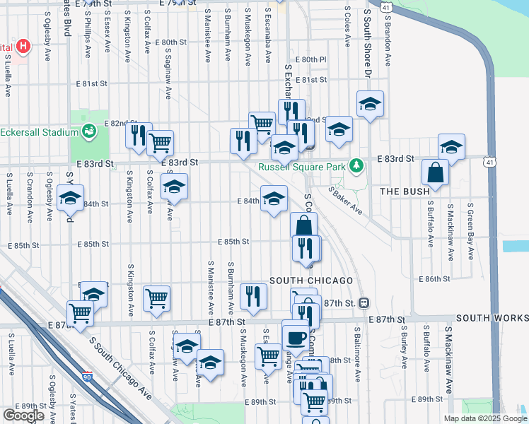 map of restaurants, bars, coffee shops, grocery stores, and more near 8423 South Muskegon Avenue in Chicago