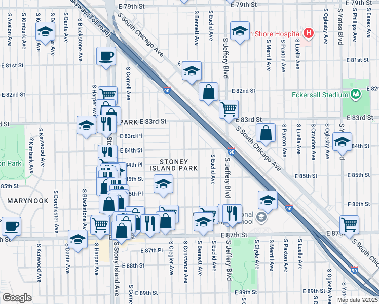 map of restaurants, bars, coffee shops, grocery stores, and more near 8415 South Constance Avenue in Chicago