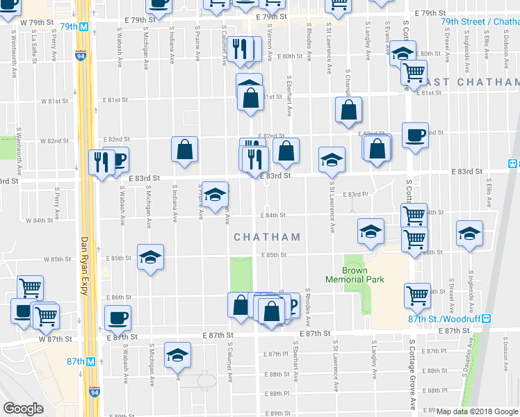 map of restaurants, bars, coffee shops, grocery stores, and more near 8358 South Doctor Martin Luther King Junior Drive in Chicago
