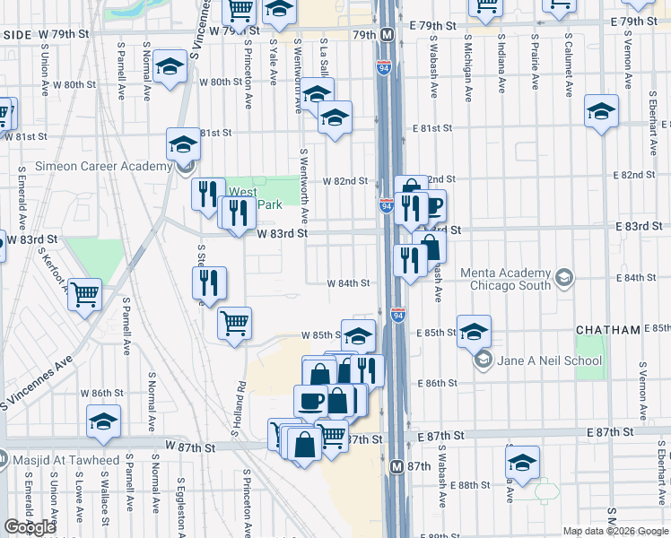 map of restaurants, bars, coffee shops, grocery stores, and more near 8354 South Perry Avenue in Chicago