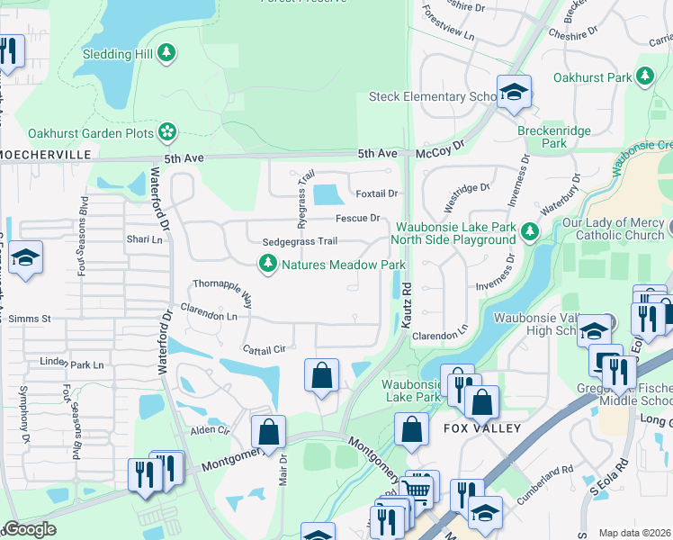 map of restaurants, bars, coffee shops, grocery stores, and more near 1981 Westridge Place in Aurora