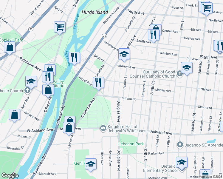 map of restaurants, bars, coffee shops, grocery stores, and more near 725 Concord Street in Aurora