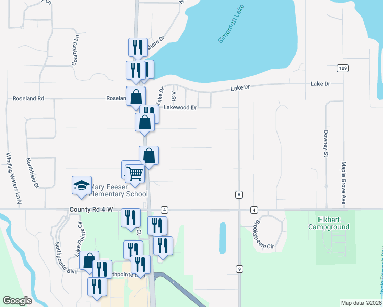 map of restaurants, bars, coffee shops, grocery stores, and more near 26248 Leland Road in Elkhart