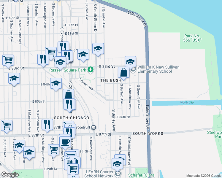 map of restaurants, bars, coffee shops, grocery stores, and more near 8427 South Brandon Avenue in Chicago