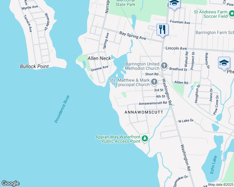map of restaurants, bars, coffee shops, grocery stores, and more near 17 Willow Way in Barrington