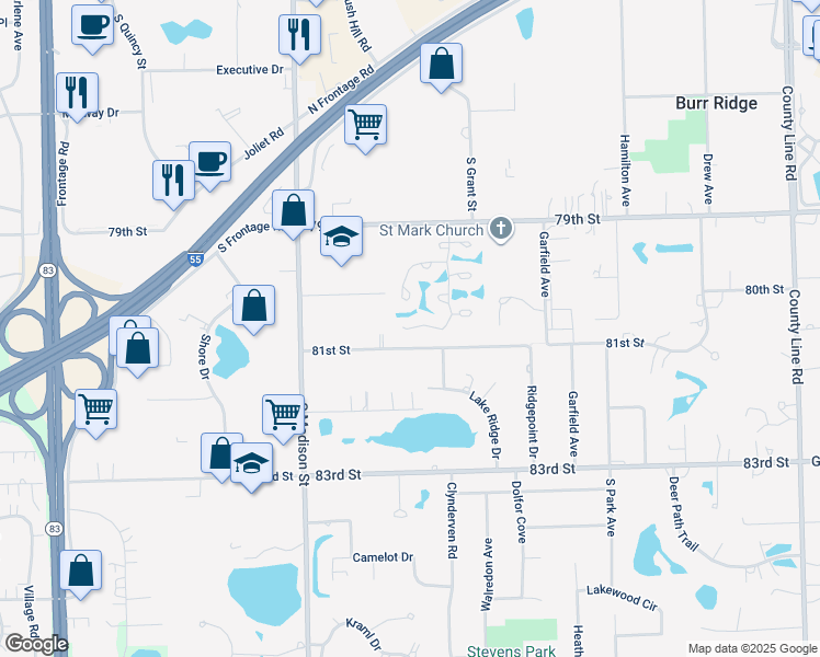 map of restaurants, bars, coffee shops, grocery stores, and more near in Burr Ridge