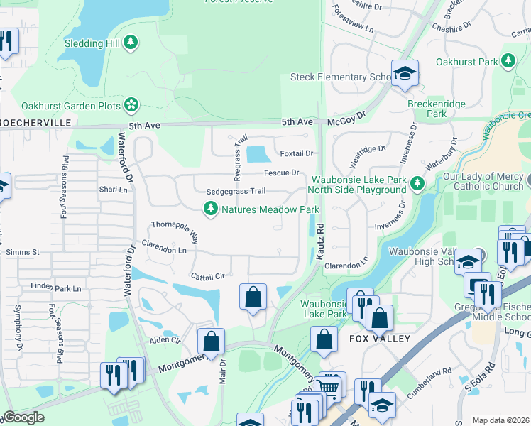 map of restaurants, bars, coffee shops, grocery stores, and more near 1981 Westridge Place in Aurora