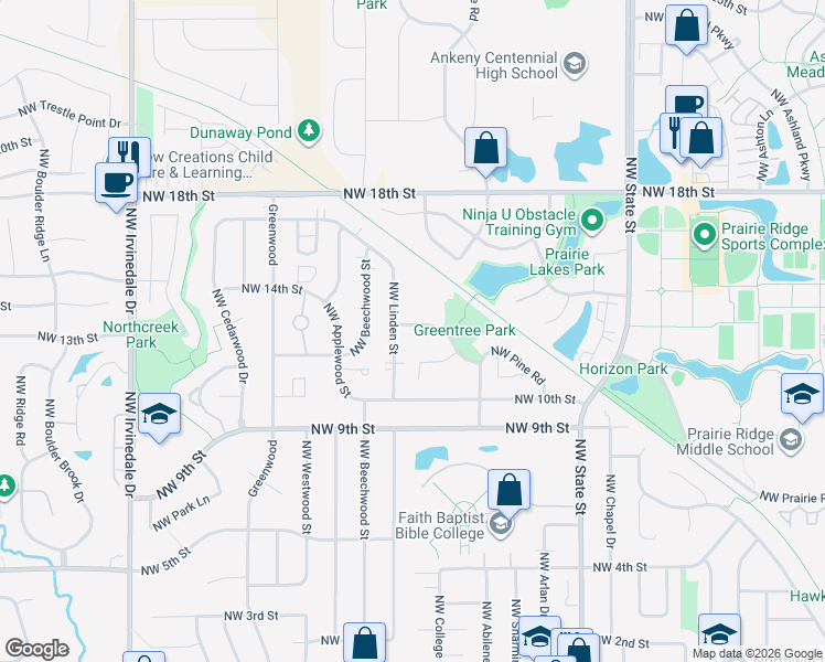 map of restaurants, bars, coffee shops, grocery stores, and more near 1113 Northwest Linden Street in Ankeny