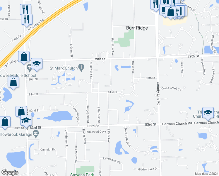 map of restaurants, bars, coffee shops, grocery stores, and more near 302 Old Oak Court in Burr Ridge