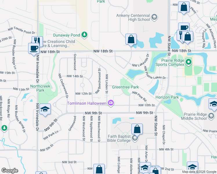 map of restaurants, bars, coffee shops, grocery stores, and more near 1113 Northwest Linden Street in Ankeny