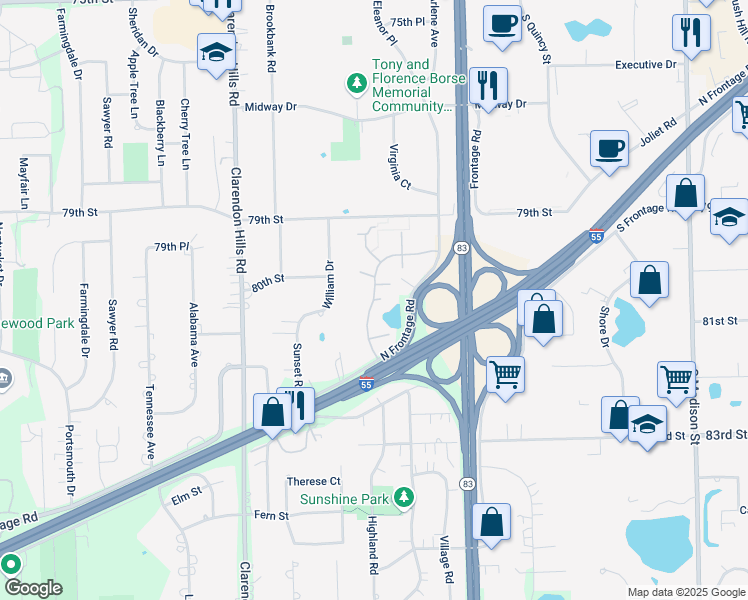 map of restaurants, bars, coffee shops, grocery stores, and more near 9 Lake Drive in Willowbrook