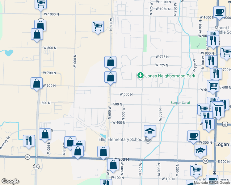 map of restaurants, bars, coffee shops, grocery stores, and more near 573 West 550 North in Logan