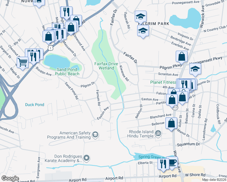 map of restaurants, bars, coffee shops, grocery stores, and more near 2 Marquette Drive in Warwick