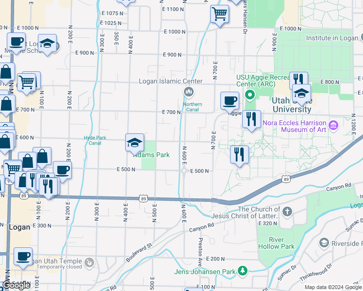map of restaurants, bars, coffee shops, grocery stores, and more near 597 North 600 East in Logan