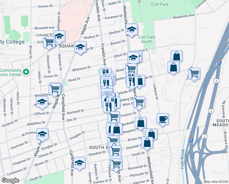 map of restaurants, bars, coffee shops, grocery stores, and more near 58 Adelaide Street in Hartford