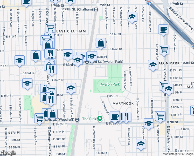 map of restaurants, bars, coffee shops, grocery stores, and more near 1133 East 83rd Street in Chicago