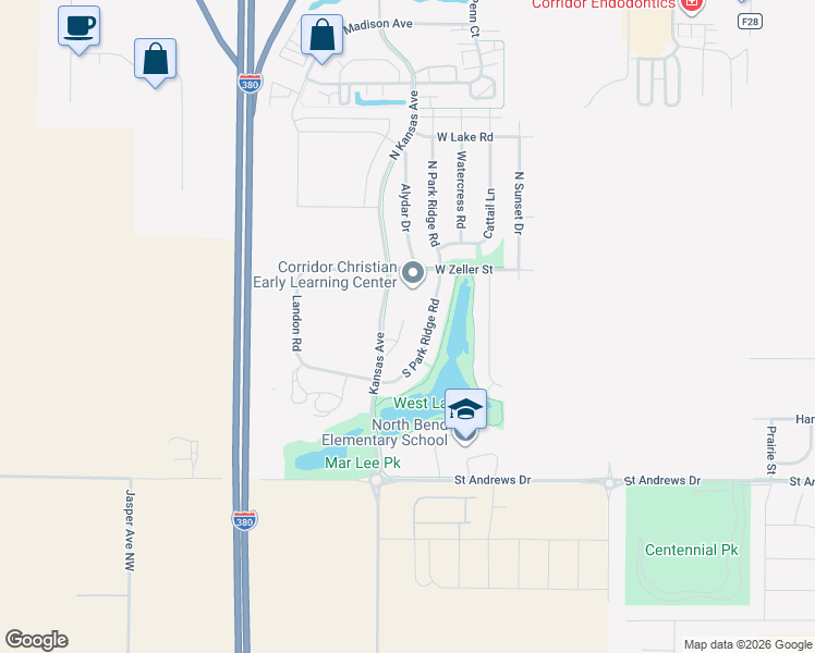 map of restaurants, bars, coffee shops, grocery stores, and more near 140 War Admiral Lane in North Liberty