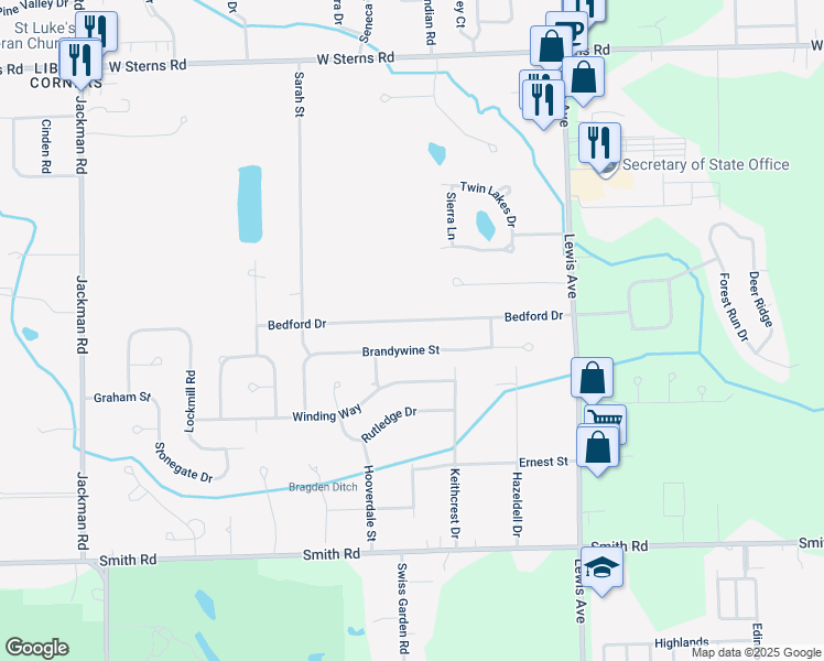 map of restaurants, bars, coffee shops, grocery stores, and more near 1300 Brandywine Street in Temperance