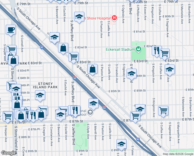 map of restaurants, bars, coffee shops, grocery stores, and more near 8449 South South Chicago Avenue in Chicago