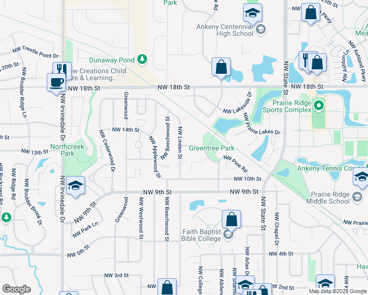map of restaurants, bars, coffee shops, grocery stores, and more near 1113 Northwest Linden Street in Ankeny