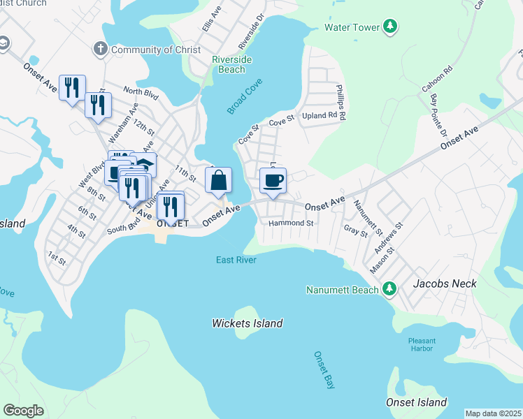 map of restaurants, bars, coffee shops, grocery stores, and more near 8 South Water Street in Wareham
