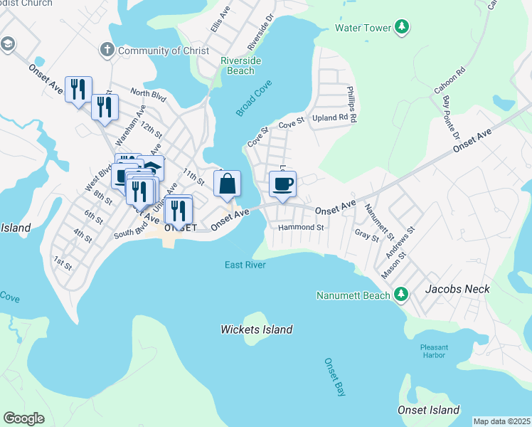 map of restaurants, bars, coffee shops, grocery stores, and more near 8 South Water Street in Wareham