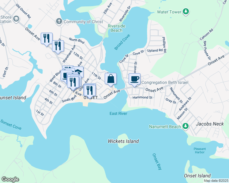 map of restaurants, bars, coffee shops, grocery stores, and more near 160 Onset Avenue in Wareham