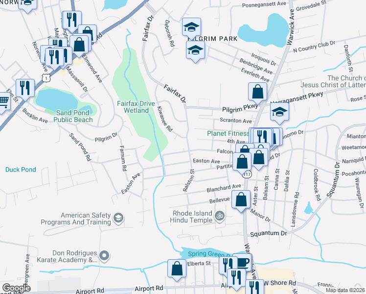 map of restaurants, bars, coffee shops, grocery stores, and more near 154 Falcon Avenue in Warwick