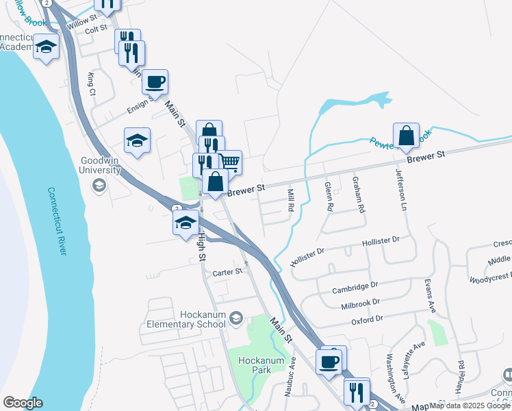 map of restaurants, bars, coffee shops, grocery stores, and more near 103 Hamilton Road in East Hartford