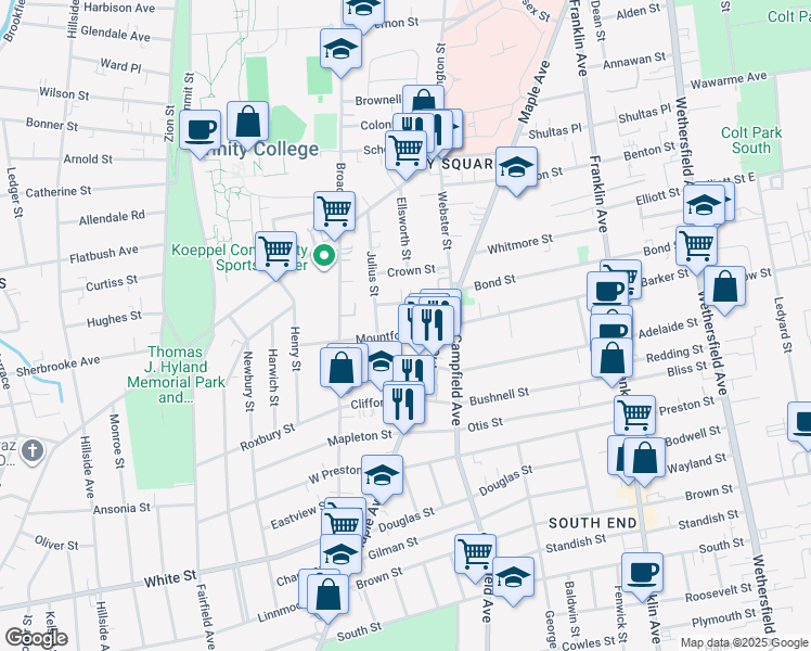map of restaurants, bars, coffee shops, grocery stores, and more near 15 Mountford Street in Hartford