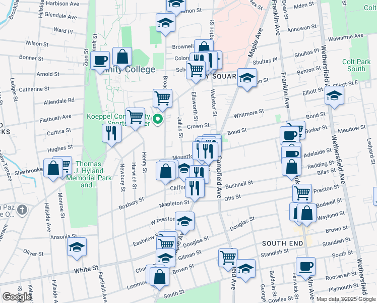 map of restaurants, bars, coffee shops, grocery stores, and more near 47 Mountford Street in Hartford