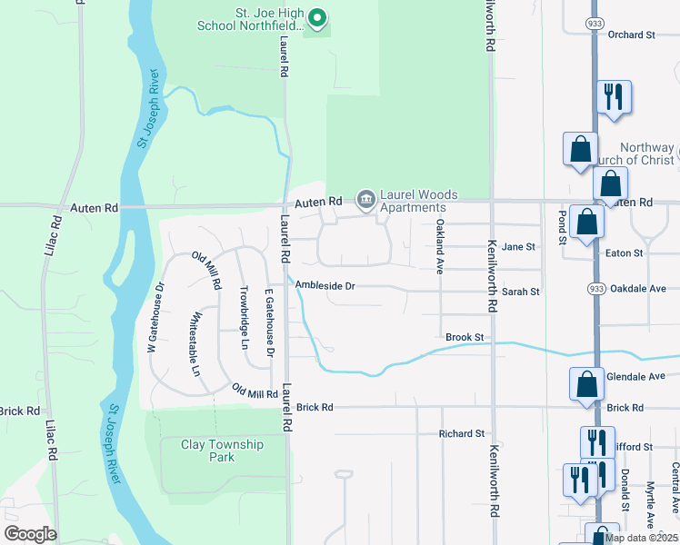 map of restaurants, bars, coffee shops, grocery stores, and more near 20384-20400 Ambleside Drive in South Bend
