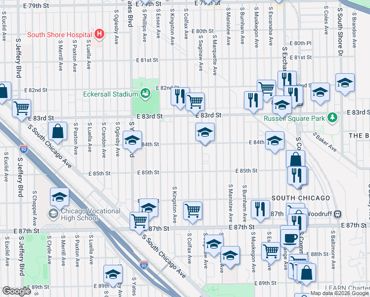 map of restaurants, bars, coffee shops, grocery stores, and more near 8423 South Colfax Avenue in Chicago