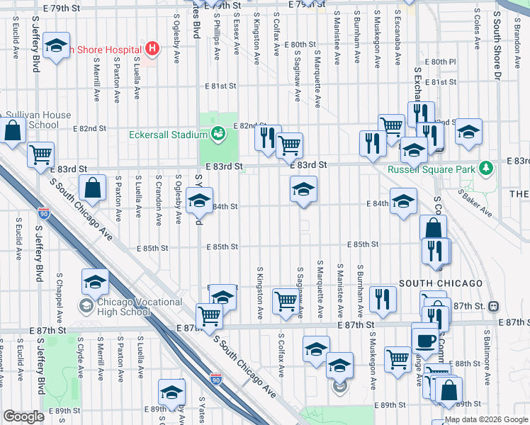 map of restaurants, bars, coffee shops, grocery stores, and more near 8420 South Kingston Avenue in Chicago