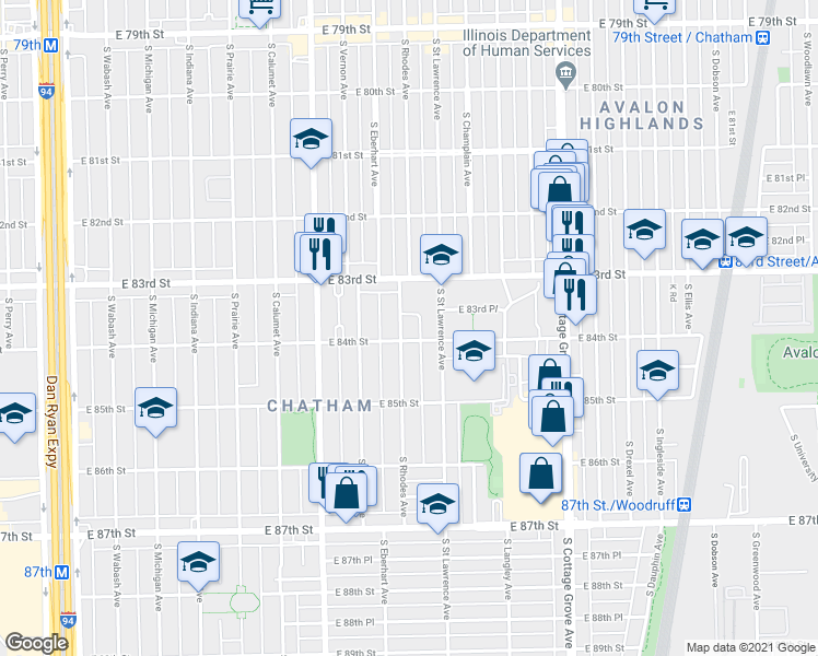 map of restaurants, bars, coffee shops, grocery stores, and more near 8400 South Saint Lawrence Avenue in Chicago