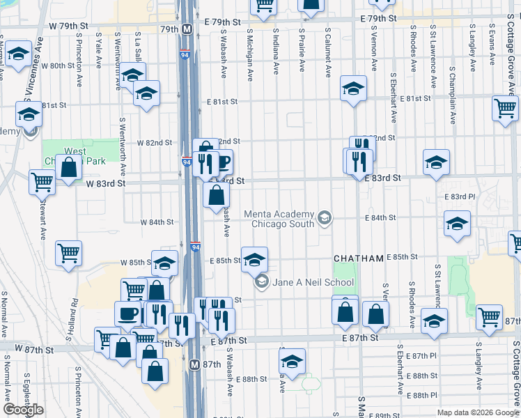 map of restaurants, bars, coffee shops, grocery stores, and more near 8359 South Michigan Avenue in Chicago