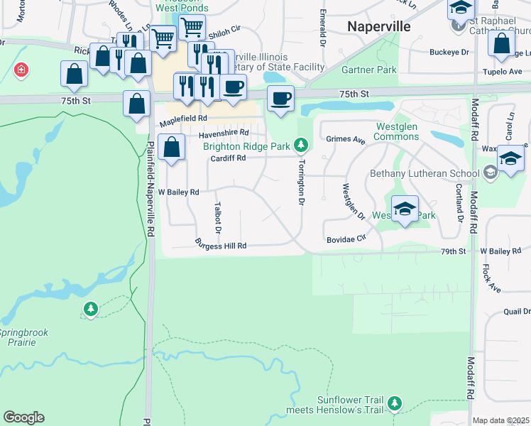 map of restaurants, bars, coffee shops, grocery stores, and more near 1443 Swansea Court in Naperville