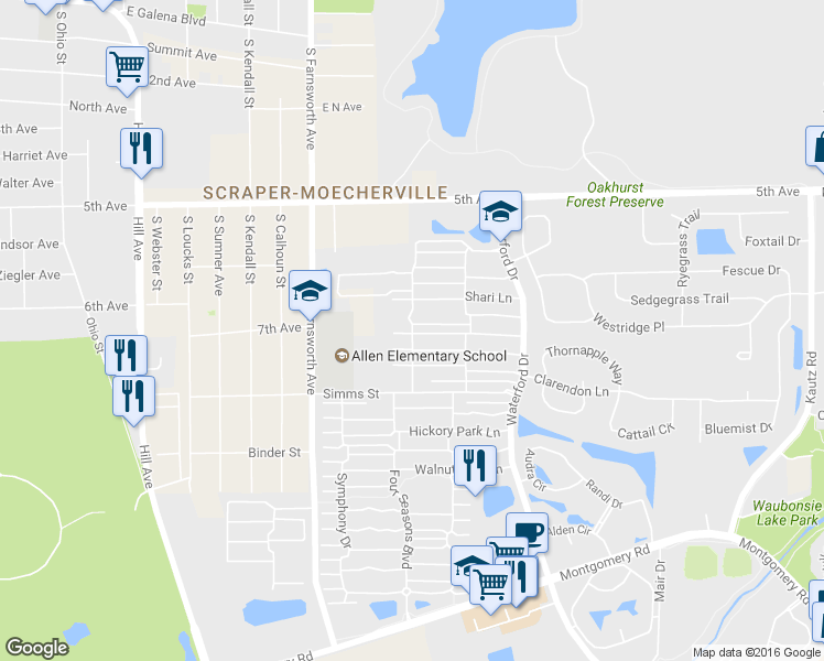 map of restaurants, bars, coffee shops, grocery stores, and more near 743 Four Seasons Boulevard in Aurora