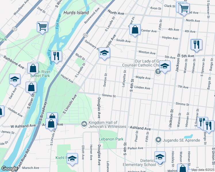 map of restaurants, bars, coffee shops, grocery stores, and more near 725 Lebanon Street in Aurora
