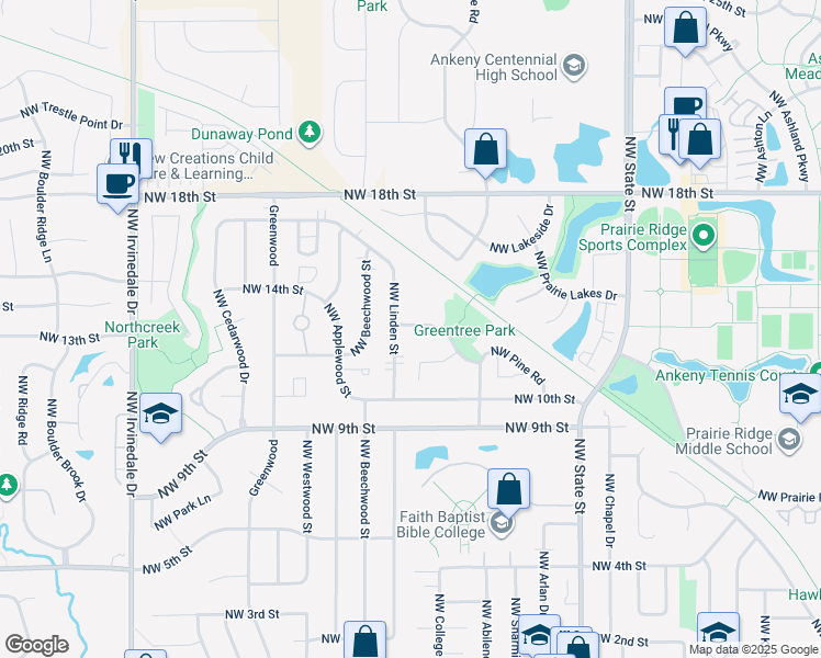 map of restaurants, bars, coffee shops, grocery stores, and more near 1113 Northwest Linden Street in Ankeny