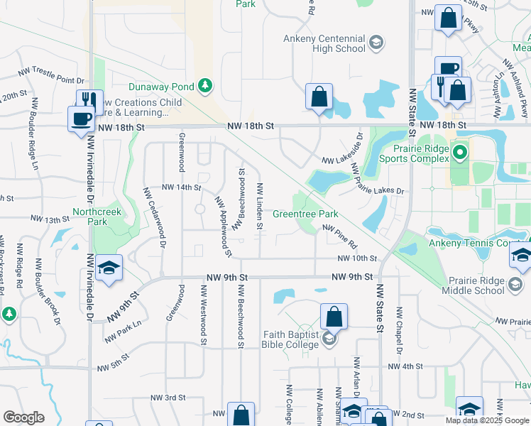 map of restaurants, bars, coffee shops, grocery stores, and more near 1113 Northwest Linden Street in Ankeny