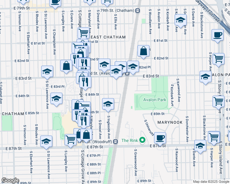 map of restaurants, bars, coffee shops, grocery stores, and more near 8352 South Ellis Avenue in Chicago