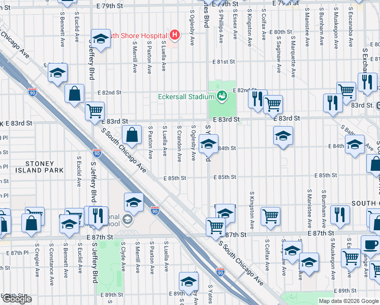 map of restaurants, bars, coffee shops, grocery stores, and more near 8421 South Oglesby Avenue in Chicago