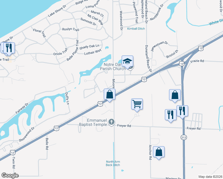 map of restaurants, bars, coffee shops, grocery stores, and more near U.S. 12 in Michigan City