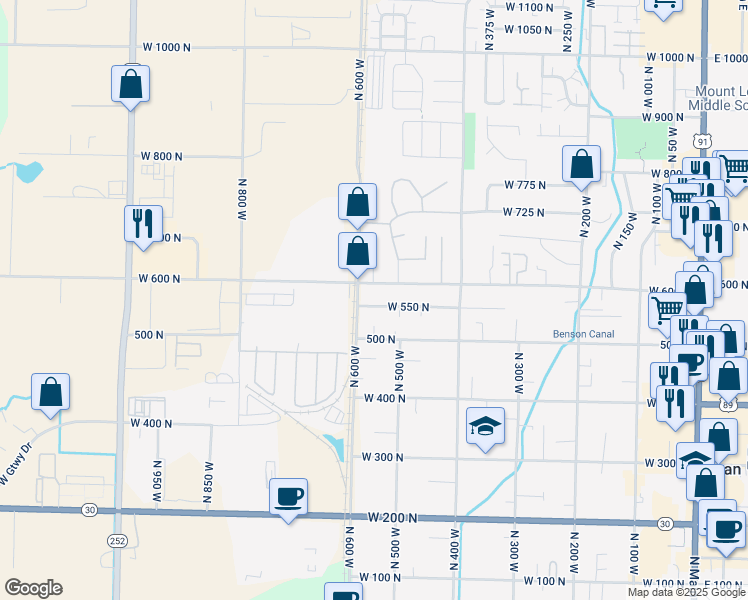 map of restaurants, bars, coffee shops, grocery stores, and more near 573 West 550 North in Logan