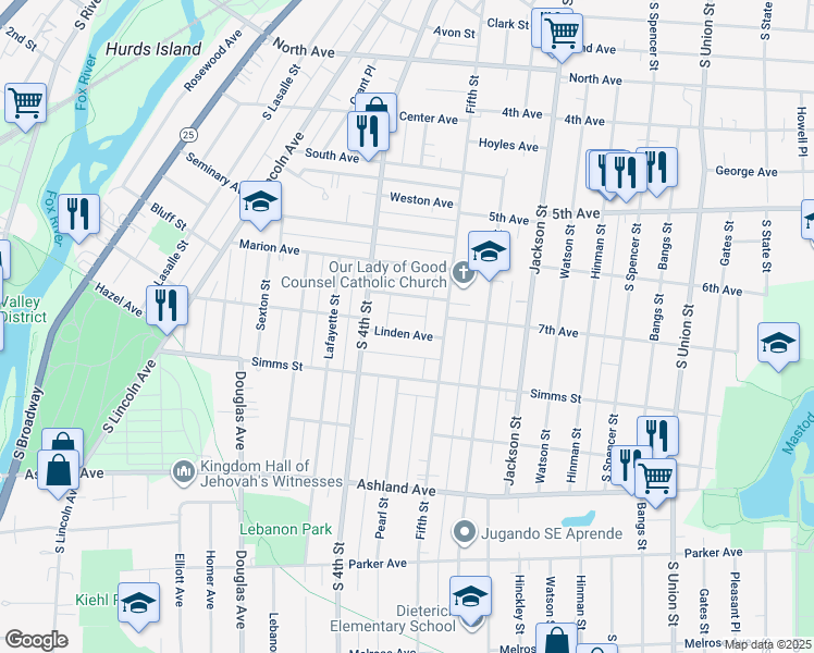 map of restaurants, bars, coffee shops, grocery stores, and more near 434 Linden Avenue in Aurora