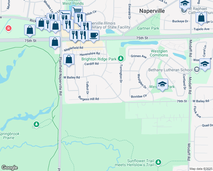 map of restaurants, bars, coffee shops, grocery stores, and more near 1443 Swansea Court in Naperville