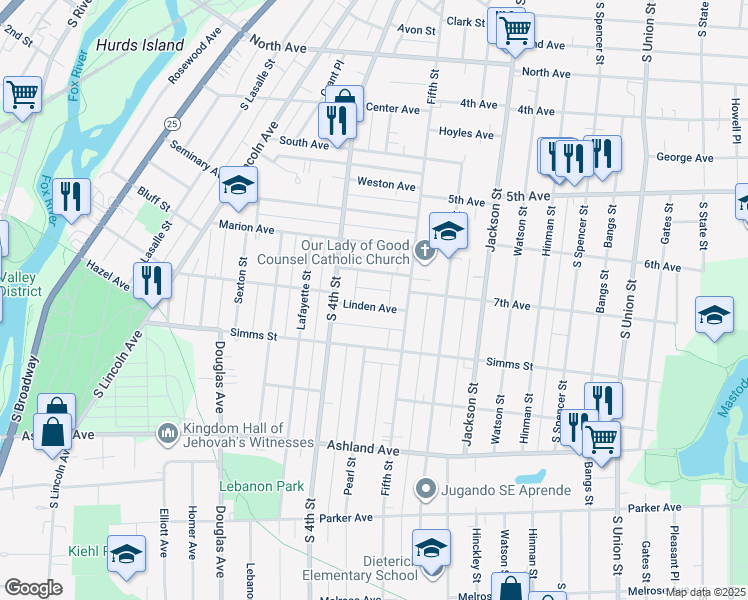 map of restaurants, bars, coffee shops, grocery stores, and more near 434 Linden Avenue in Aurora