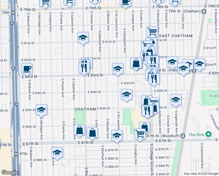 map of restaurants, bars, coffee shops, grocery stores, and more near 8400 South Saint Lawrence Avenue in Chicago